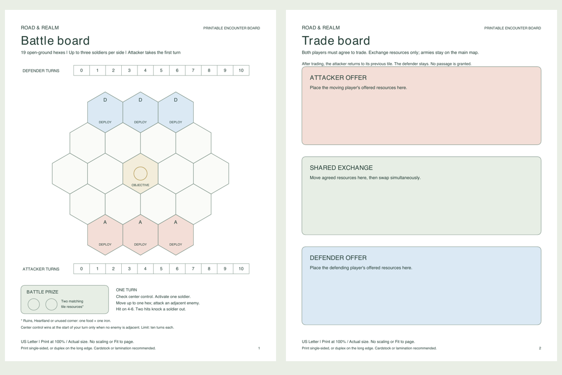 Printable battle board with 19 hexes and turn tracks, alongside the trade board with three exchange areas